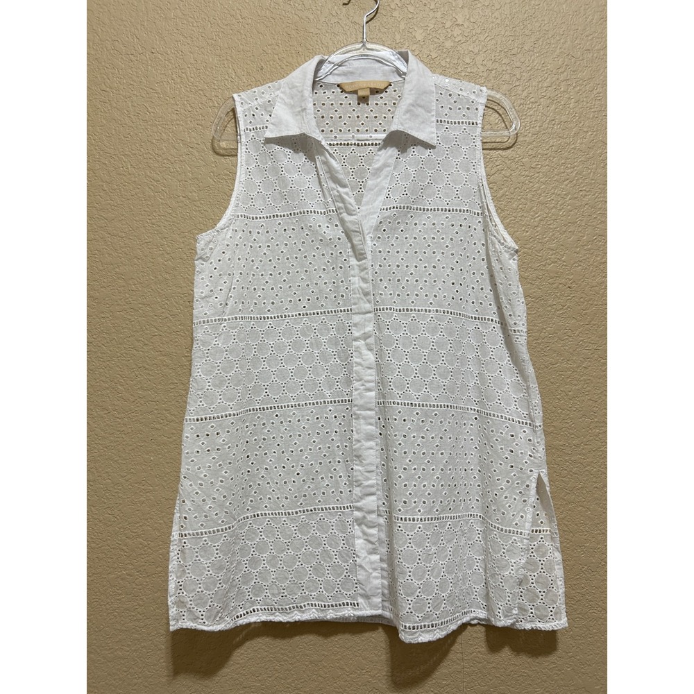 Hope Harlow Eyelet Sleeveless Tunic L White Cotton Boho Coastal Lagenlook Top